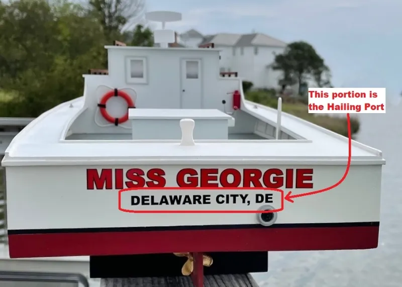 Model transom lettered MISS GEORGIE with the hailing port DELAWARE CITY, DE