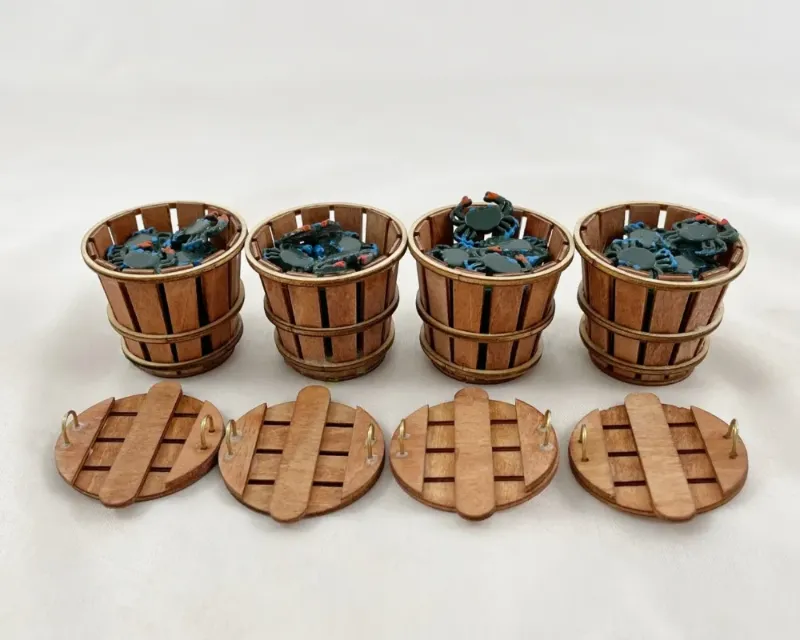 Miniature Bushel Basket, Wooden, with Crabs by Blackway Boat Models